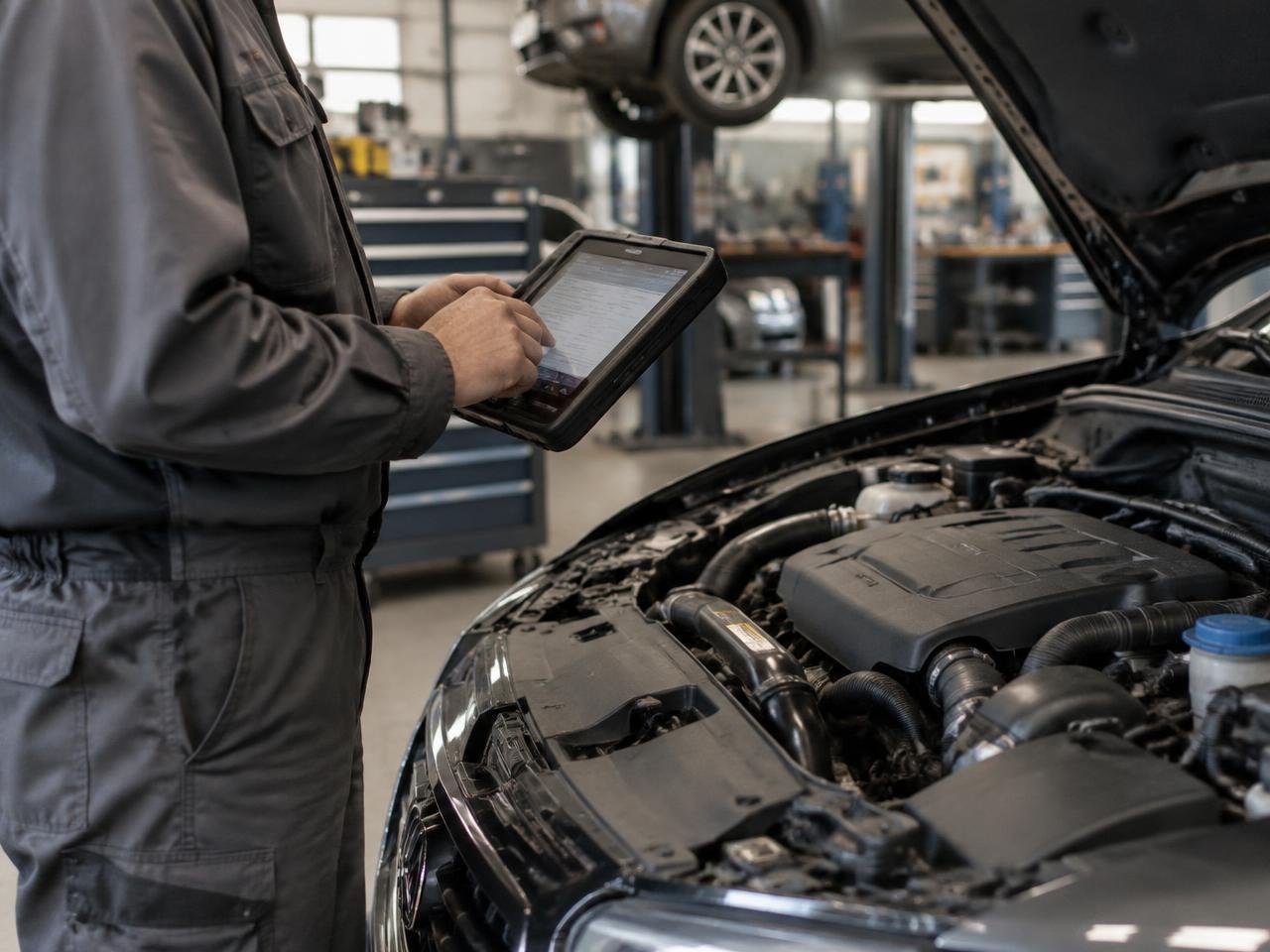 Professionelle Arbeit an einem Fahrzeug in einer Kfz-Werkstatt